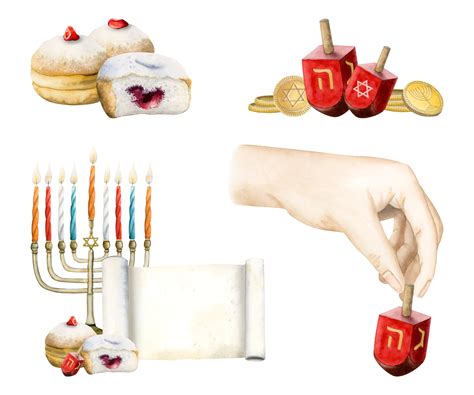 Hanukkah Symbols Watercolor Illustration Set Jewish Sufganiyot Donuts Menorah With Candles