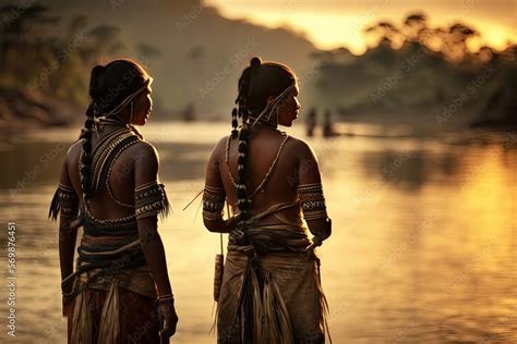 Generative AI illustration of a couple of indigenous women from the Amazon next to a river with ...