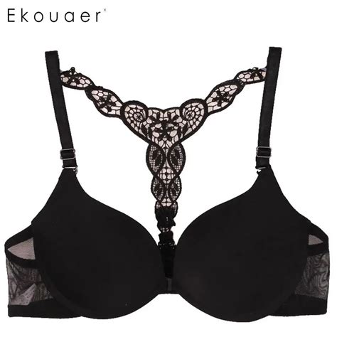 Ekouaer Mulheres Sexy Lingerie Bra Fechamento Frontal Lace Racer Voltar