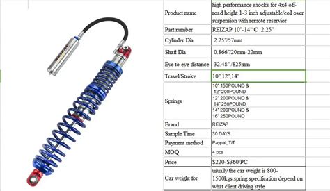 Adjustable shock absorber high performance coil over with remote reservoir 1-3 inch height ...