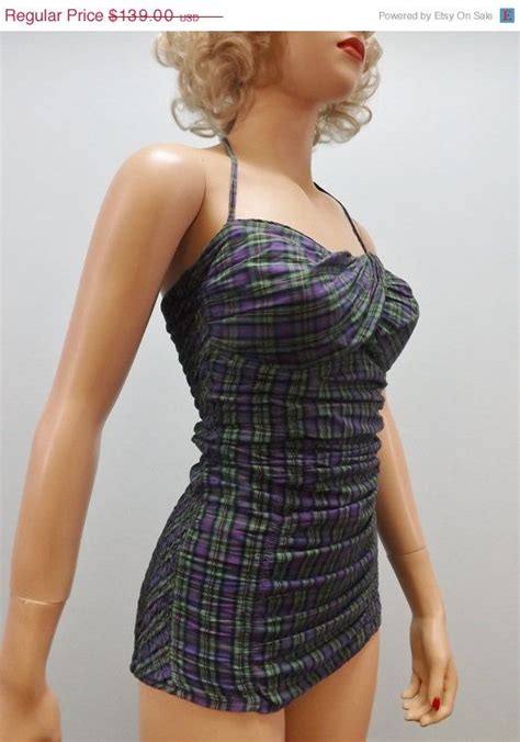 Vintage 50s Jantzen Swimsuit Plaid Smocked Pin Up Bathing Etsy