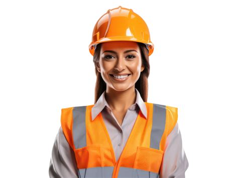 Ai Generado Un Mujer Ingeniero En Casco Y Naranja Chaleco Sonriente