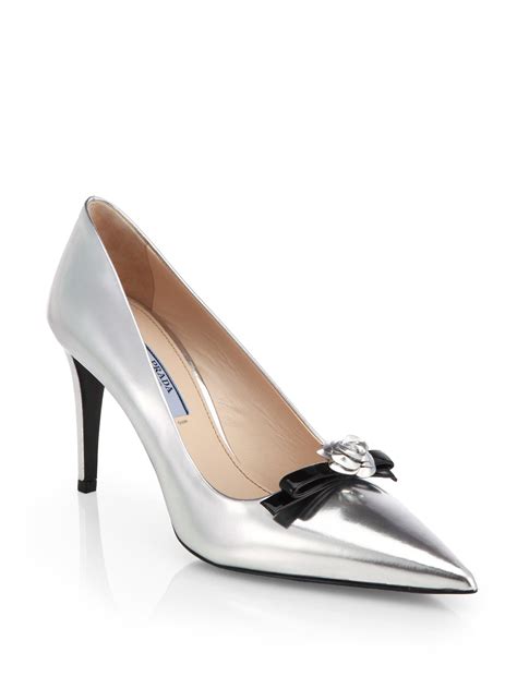 Lyst Prada Metallic Leather Rose Bow Pumps In Metallic