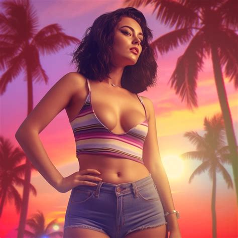 Premium AI Image A Woman In A Bikini Stands In Front Of Palm Trees