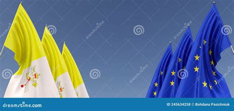 Three Flags Of European Union And The Vatican On Flagpoles On The Sides