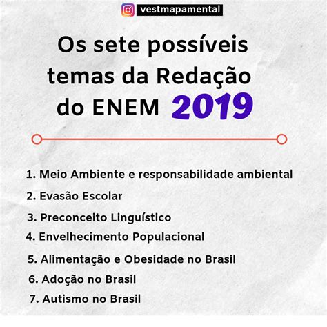 7 temas para a Redação do ENEM 2019 Enem Estudos para o enem Dicas enem