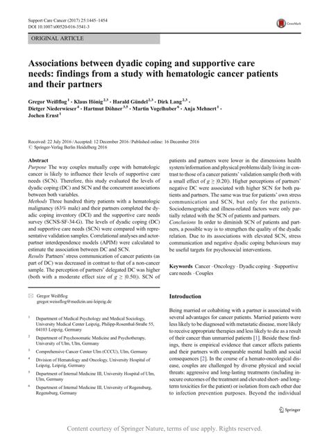 Associations Between Dyadic Coping And Supportive Care Needs Findings