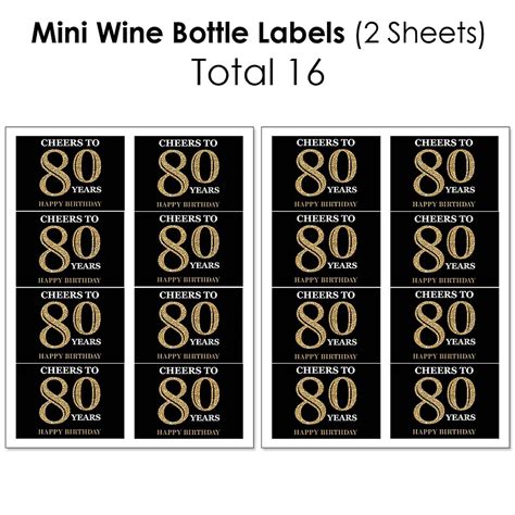 Adult 80th Birthday Gold Mini Wine Bottle Labels Wine Bottle Labels And Water Bottle Labels