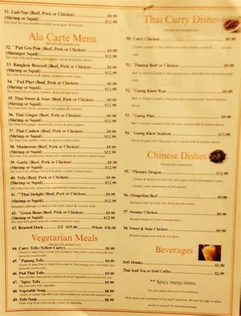 Menu at Bangkok Thai Cuisine restaurant, Anchorage