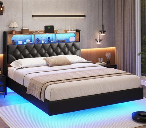 Afuhokles Full Floating Bed Frame with LED Lights, Storage Headboard ...