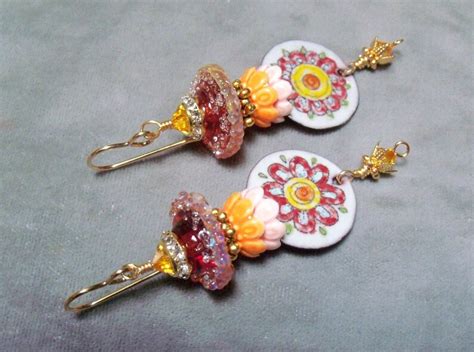 Enameled Floral Charms Glass Lampwork Beaded Earrings Artisan Enamel Charm Earrings Organic