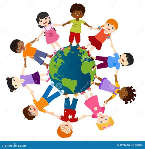 Earth Globe with Group of Diverse Multiethnic Children in a Circle Smiling and Holding Hands ...