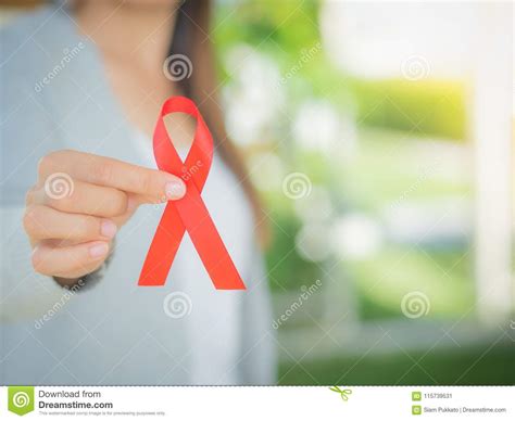 Closeup Woman Hand Holding Red Ribbon Hiv Stock Image Image Of