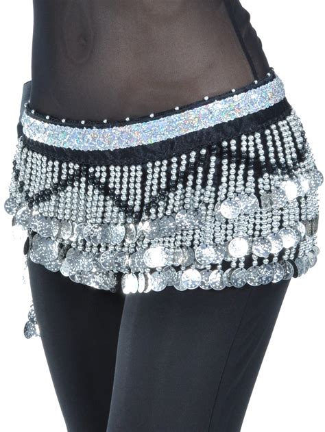 Bellylady Multi Row Belly Dance Hip Scarf Silver Coins Belly Dancing Skirt Black