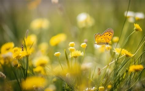 Uma Borboleta Senta Se Em Um Campo De Flores Amarelas Foto Premium