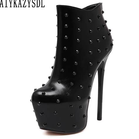 Aiykazysdl Women Ultra Very High Heel Punk Ankle Boots Rivets Platform