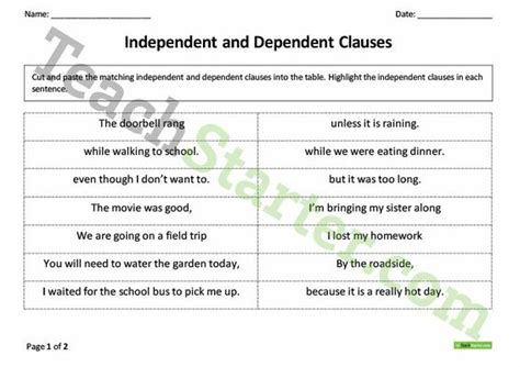 Independent And Dependent Clauses Matchup Activity Teach Starter Worksheets Library