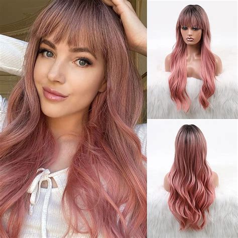 Bukoo Pink Wig With Bangs Long Wavy Curly Wigs For Women Ombre Black To Pink Wig