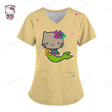 Woman Clothes Summer T Shirt Hello Kitty Shirts V Neck T Shirt Pocket Tops Nurse Uniform