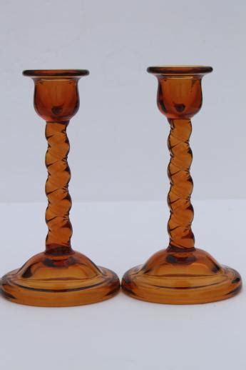 Art Deco Vintage Amber Glass Candle Holders Tall Barley Twist Candlesticks