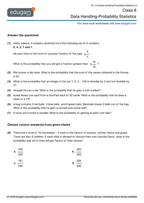 Class Math Worksheets And Problems Data Handling Probability