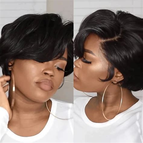 Natural Black 13x1 T Lace Side Part Straight Short Pixie Cut Bob Wigs