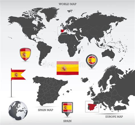 Spanje Kaart En Wereldkaart Met Navigatiepictogramset Vector