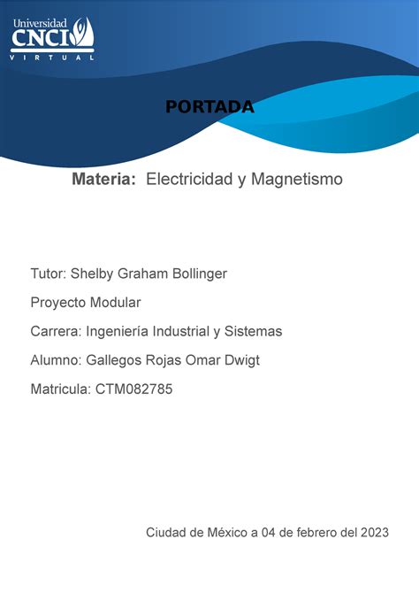 Electricidad Y Magnetismo Actividad 2 PORTADA Materia Electricidad Y