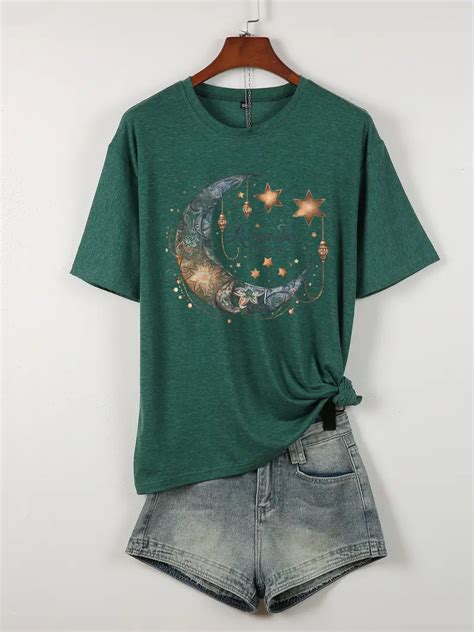 Moon Print T Shirt Plus Size Casual Crew Neck Short Sleeve T Temu