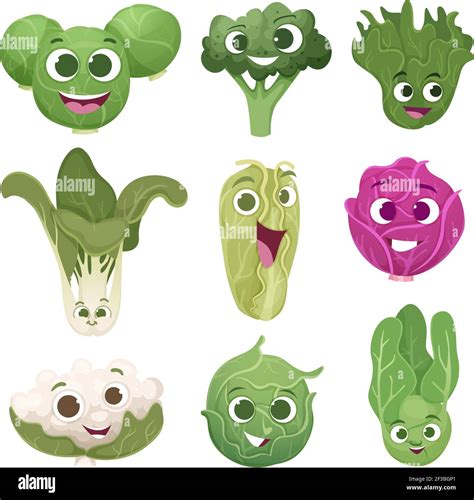 Cabbage Characters Vegetable Comic Persons With Eyes And Smile Face Eco Green Food Mascot