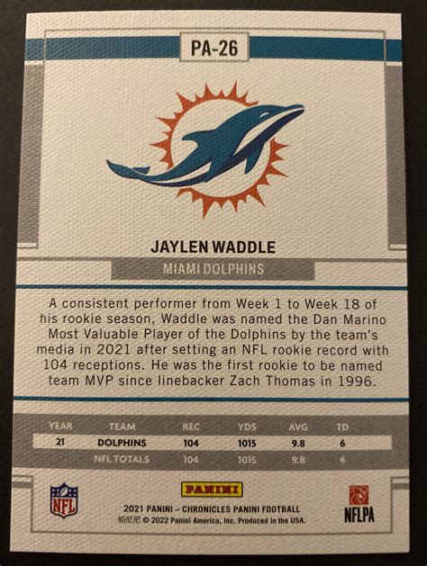 Panini Chronicles Jaylen Waddle Rc Bronze Parallel Miami Dolphins