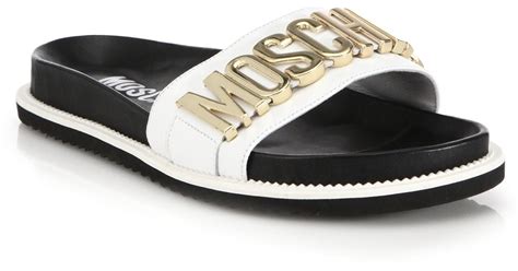 Moschino Logo Leather Slides In Black For Men Lyst
