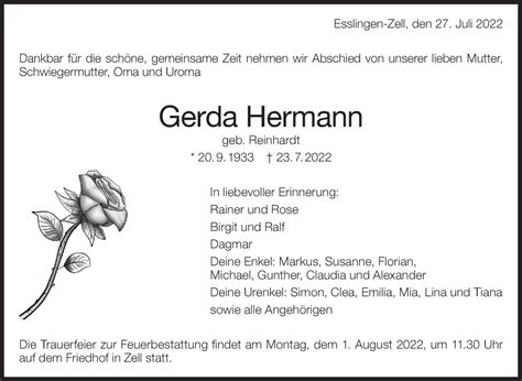 Traueranzeigen Von Gerda Hermann Zeit Des Gedenkens De