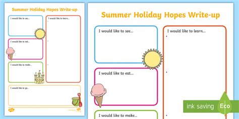 Summer Holiday Hopes Write Up Worksheet Worksheet Twinkl