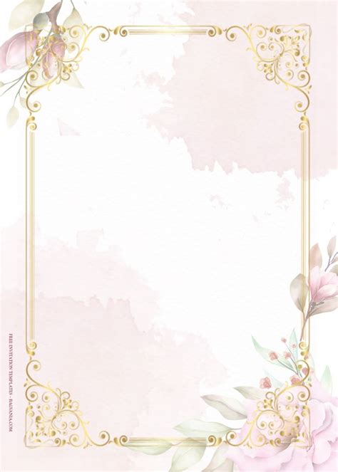 A Pink Watercolor Background With Gold Frame And Flowers