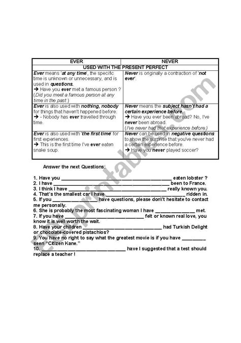 Ever Never Esl Worksheet By Miguelcantu