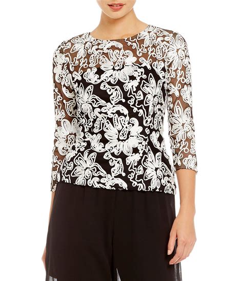 Alex Evenings Illusion Crew Neck 3 4 Sleeve Embroidered Floral Lace Top