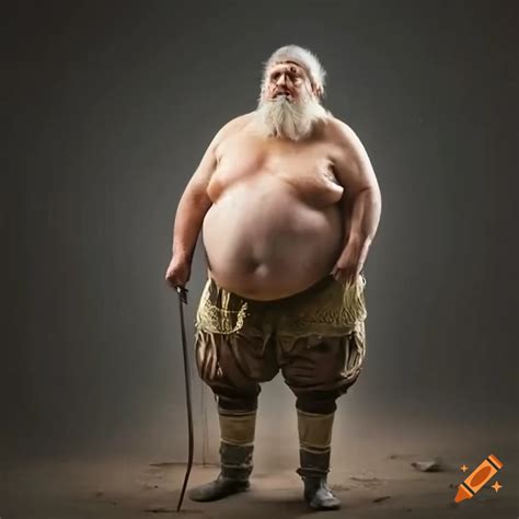 Old Obese Bearded Belly Man In Traditional Waders