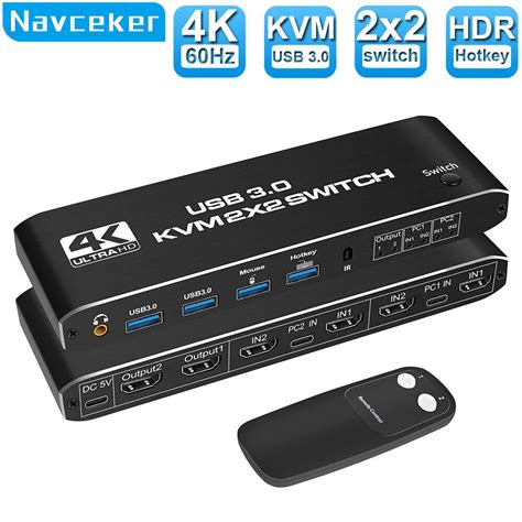 Navceker HDMI 호환 KVM 스위치 4K 60Hz 2 포트 듀얼 모니터 USB 3 0 KVM 스위치 1080P