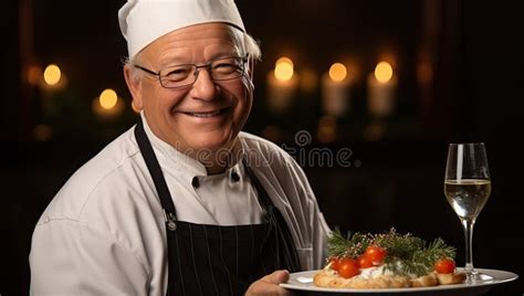 Senior Chef Presenting Dish In Elegant Restaurant Stock Illustration