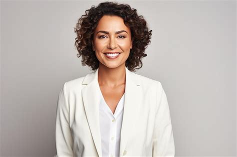 Mujer brasileña sonriente de mediana edad con blazer clásico de fondo