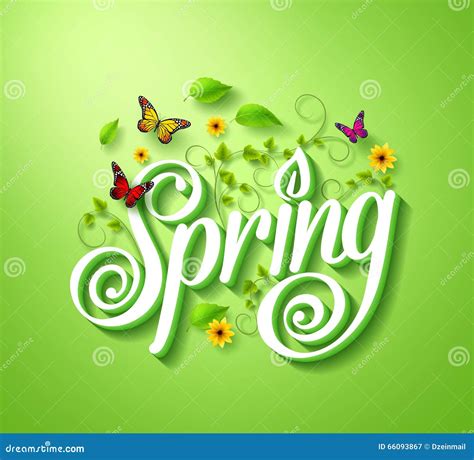 Spring Word Typography Concept In D With Flying Butterflies Stock