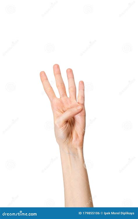 Woman Hand Showing Four Fingers On White Background Stock Photo Image