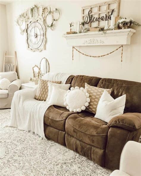 White Cottage Inspired Living Room With Brown Suede Couch Soul Lane