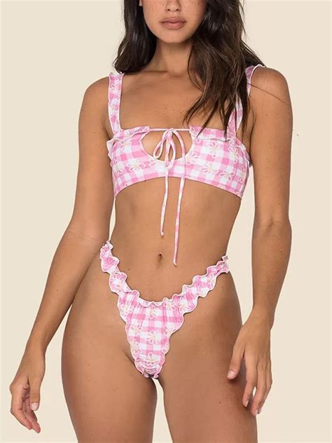 Emmiol Free Shipping 2024 Checkered Floral Print Strap Bikini Set Pink