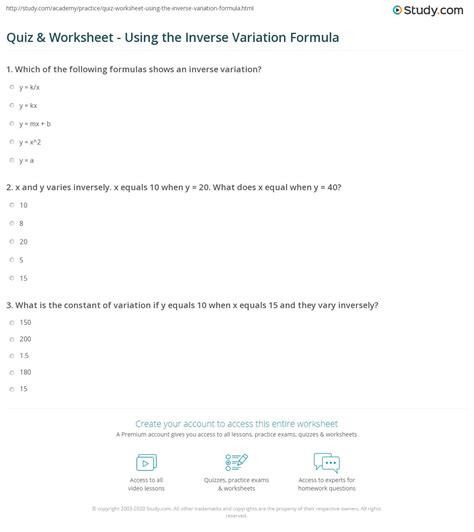 Quiz & Worksheet - Using the Inverse Variation Formula | Study.com