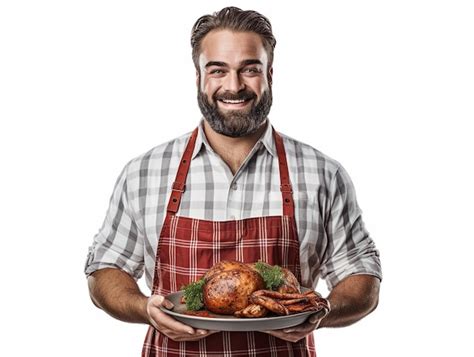 Feliz Anciano Con Delantal Sosteniendo Pollo En Un Plato En Su Mano