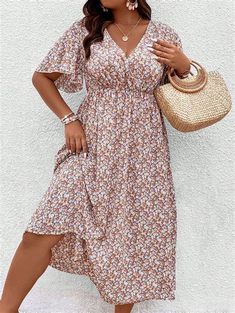 Shein Vcay Plus Ditsy Floral Print Butterfly Sleeve Dress Shein Uk