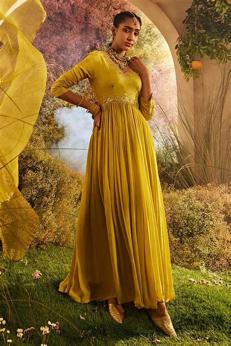 Buy Yellow Silk Floral Embroidery V Neck Anarkali With Dupatta For