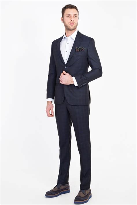 Lacivert Slim Fit Yünlü Ekose Takım Elbise 0K1Z9E1215F52 Kiğılı